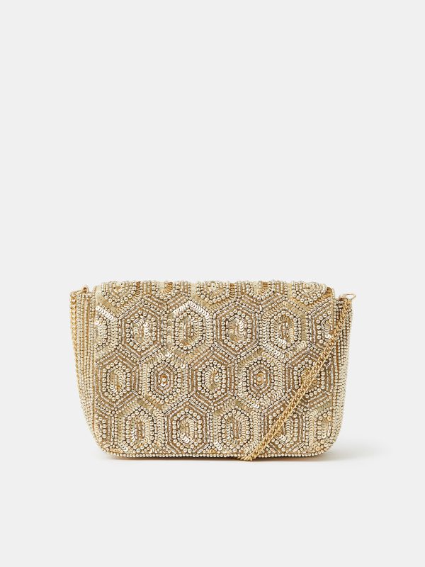 Embellished Fold over clutch bag - Gold/Silver
