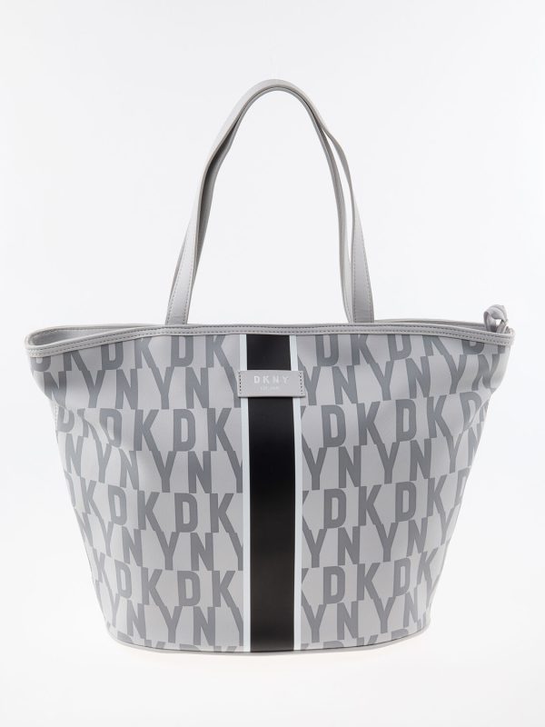 DKNY  Grey Signature Stripe Tote Bag with logo pattern