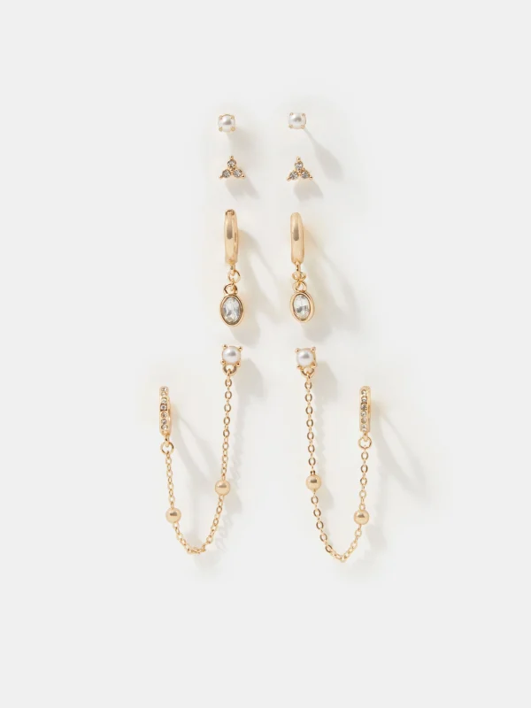 4-Pack Stone Stud & Chain Hoop Earrings Gold by Accessorize UK
